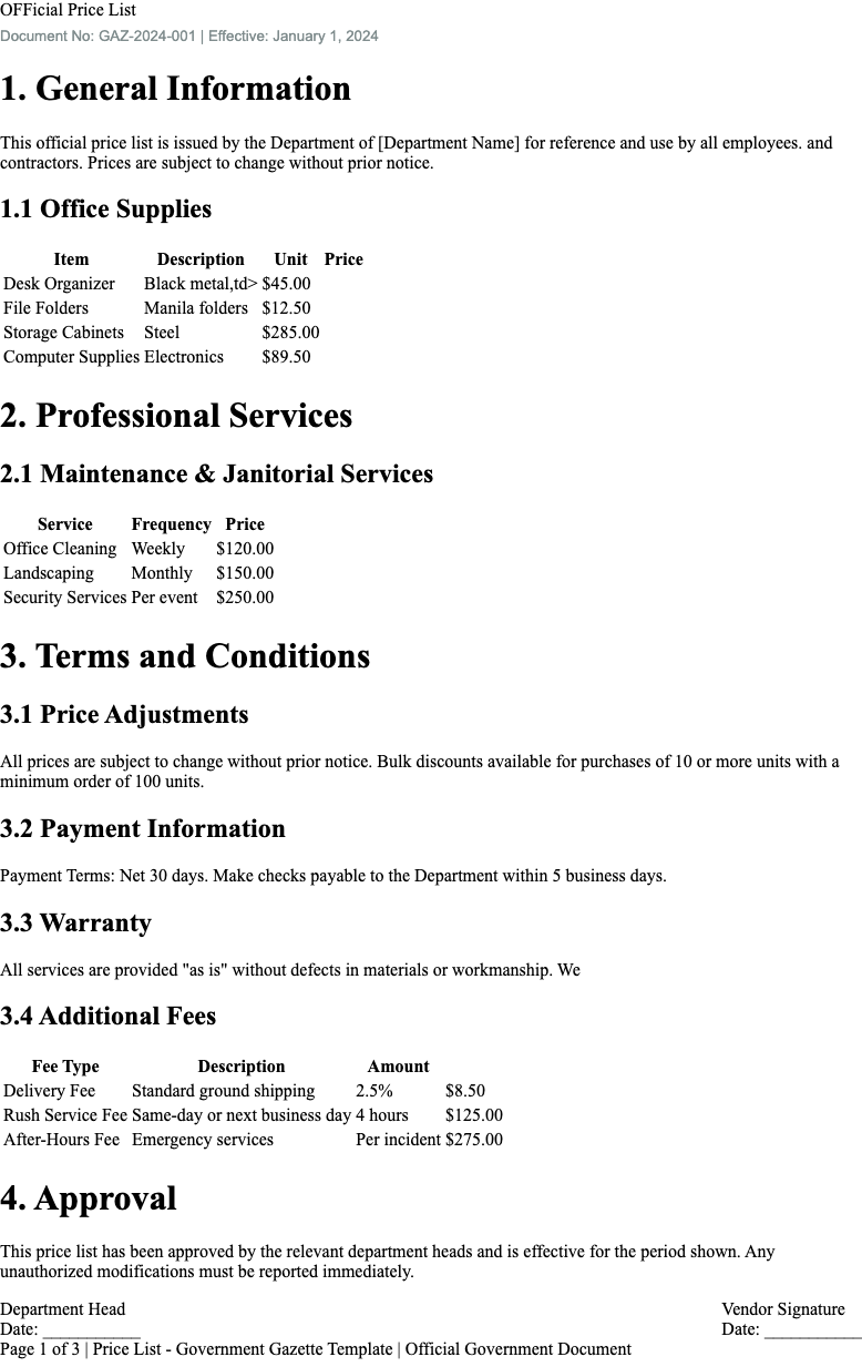 Government Formal price list Template